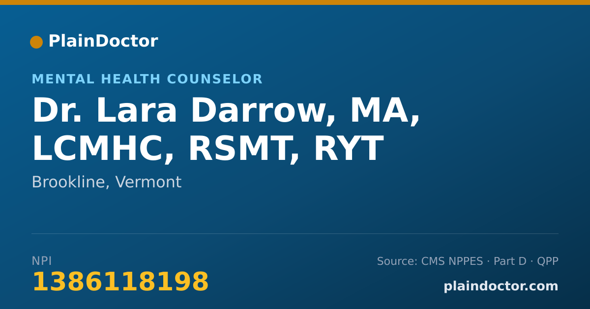 Shareable card for Lara Darrow, MA, LCMHC, RSMT, RYT - Mental Health Counselor, Brookline, VT