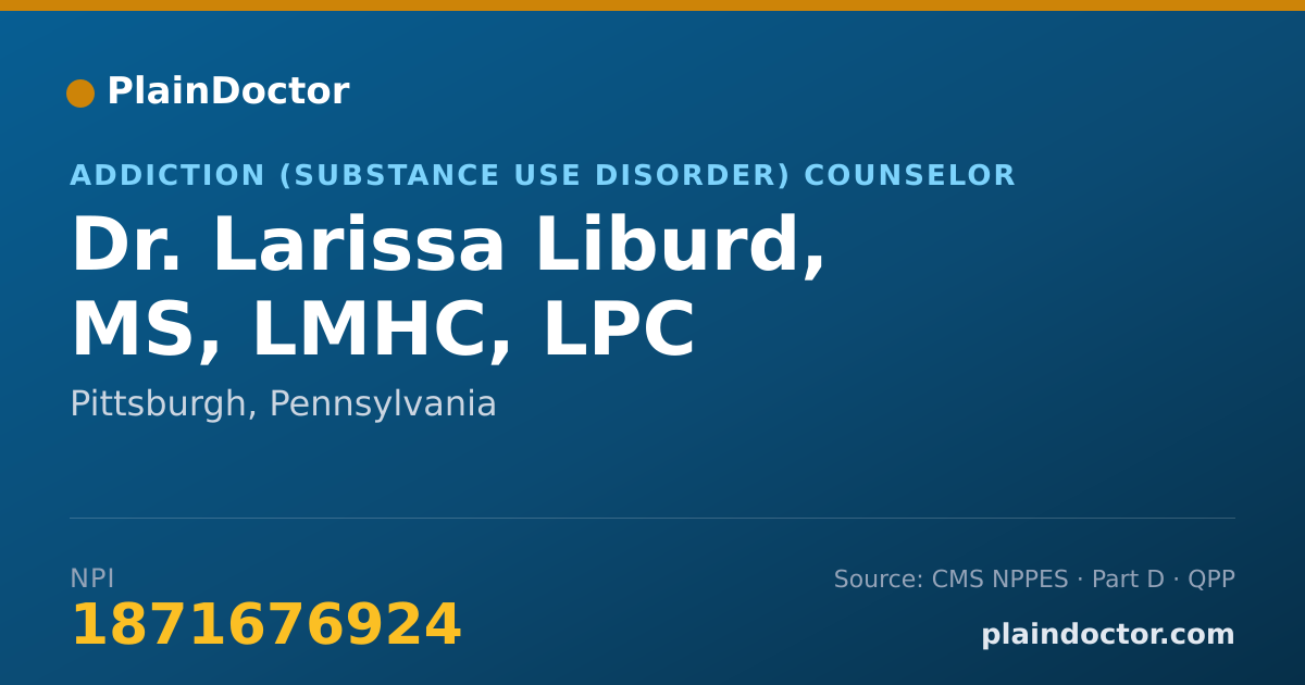Shareable card for Larissa Liburd, MS, LMHC, LPC - Addiction (Substance Use Disorder) Counselor, Pittsburgh, PA