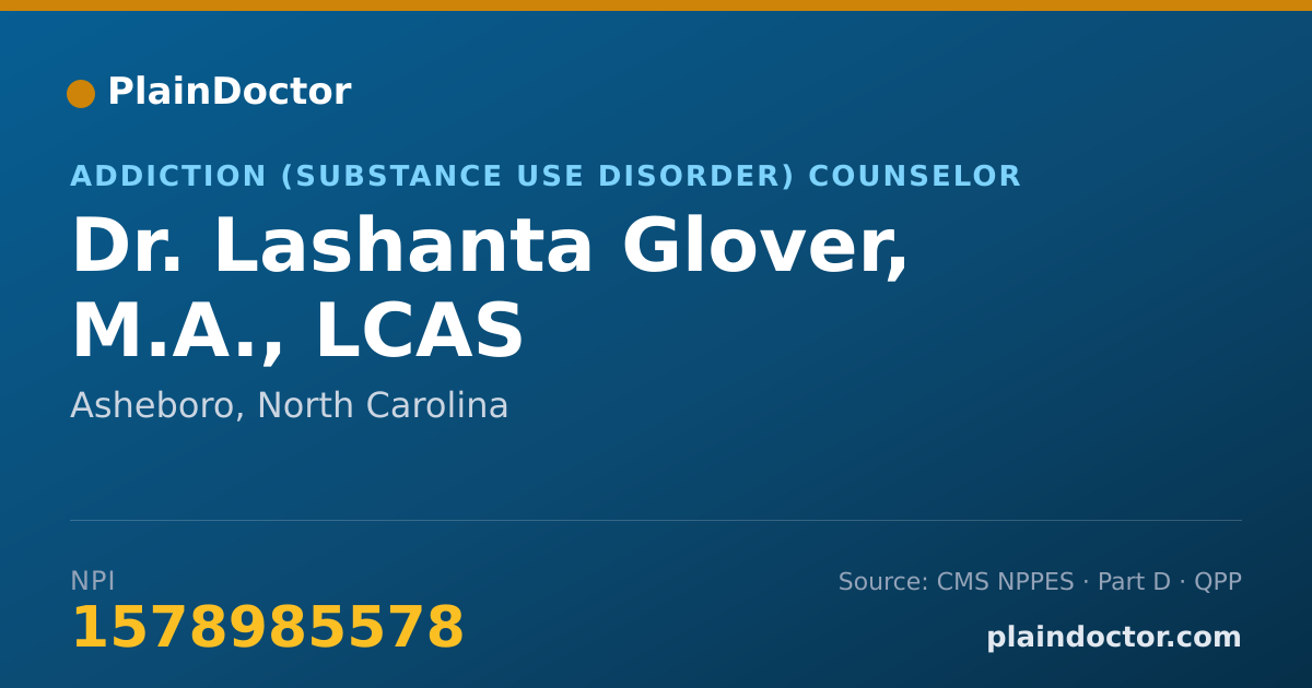 Shareable card for Lashanta Glover, M.A., LCAS - Addiction (Substance Use Disorder) Counselor, Asheboro, NC