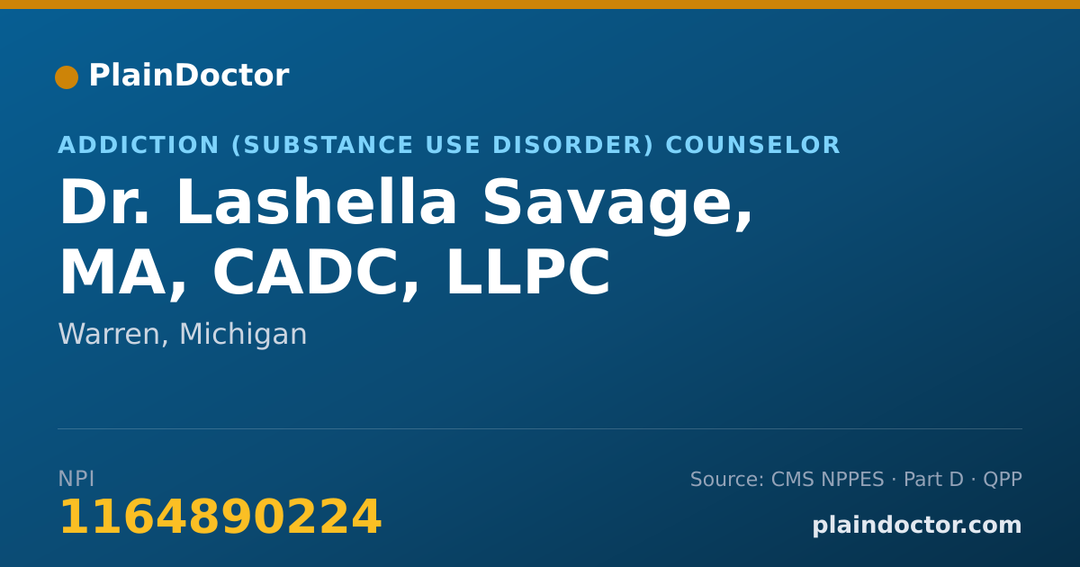 Shareable card for Lashella Savage, MA, CADC, LLPC - Addiction (Substance Use Disorder) Counselor, Warren, MI