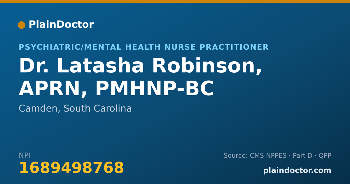 Shareable card for Latasha Robinson, APRN, PMHNP-BC - Psychiatric/Mental Health Nurse Practitioner, Camden, SC