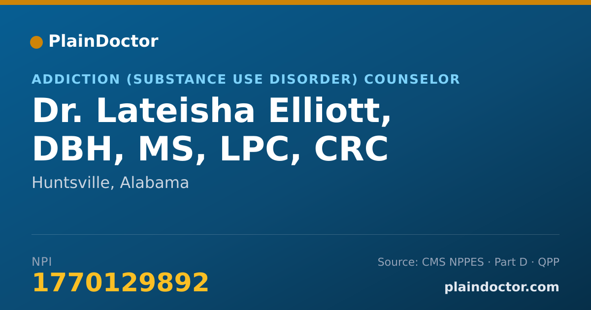 Shareable card for Lateisha Elliott, DBH, MS, LPC, CRC - Addiction (Substance Use Disorder) Counselor, Huntsville, AL