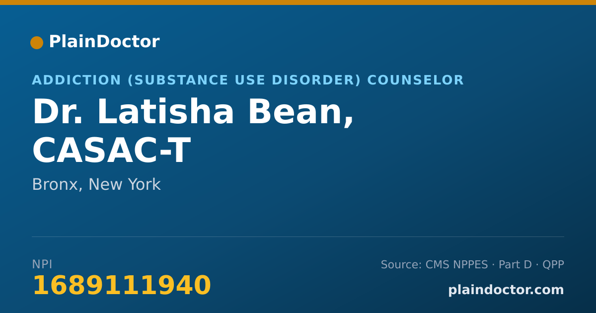 Shareable card for Latisha Bean, CASAC-T - Addiction (Substance Use Disorder) Counselor, Bronx, NY