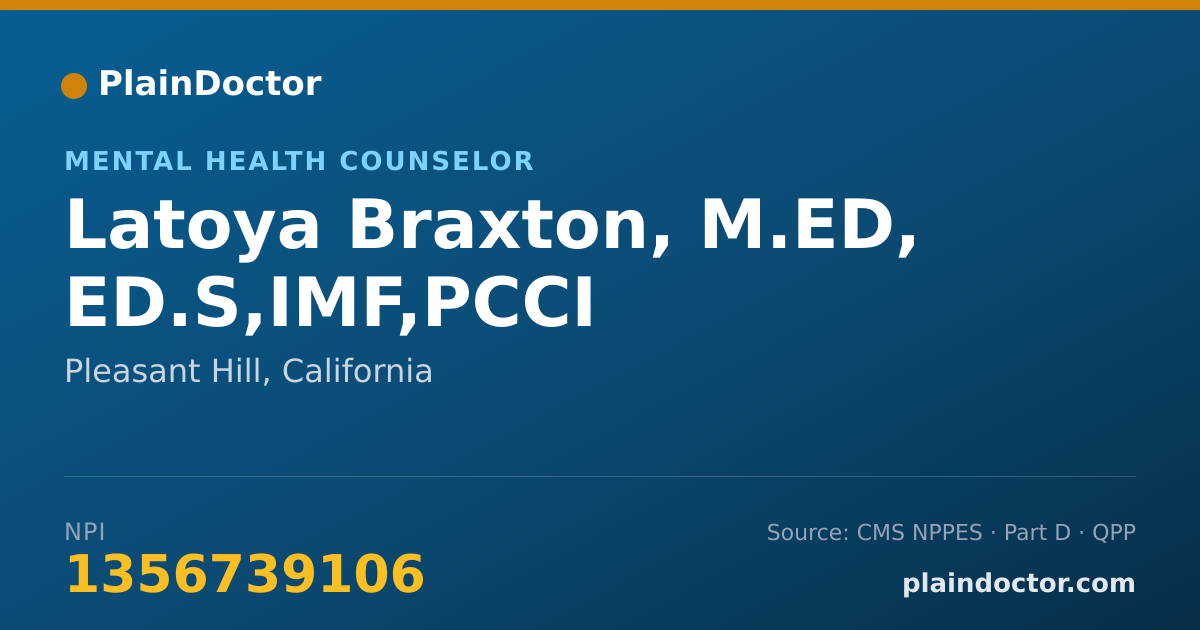 Shareable card for Latoya Braxton, M.ED, ED.S,IMF,PCCI - Mental Health Counselor, Pleasant Hill, CA