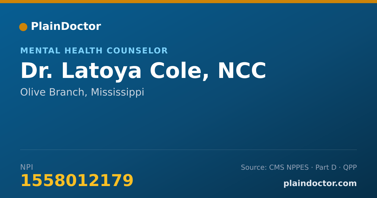 Shareable card for Latoya Cole, NCC - Mental Health Counselor, Olive Branch, MS