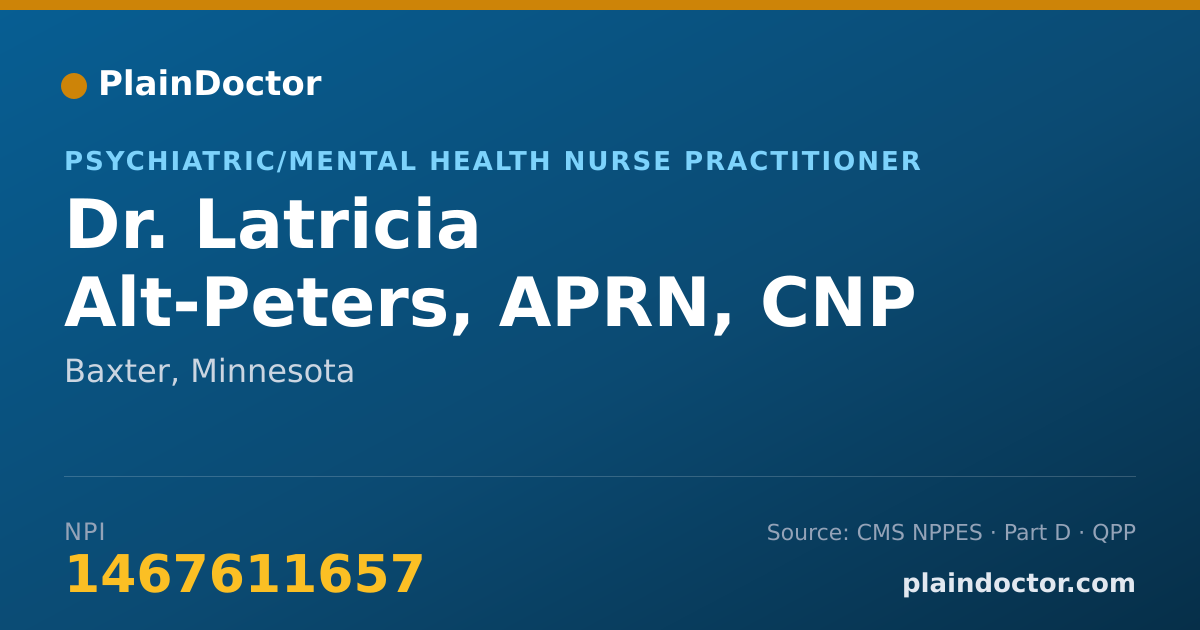 Shareable card for Latricia Alt-Peters, APRN, CNP - Psychiatric/Mental Health Nurse Practitioner, Baxter, MN