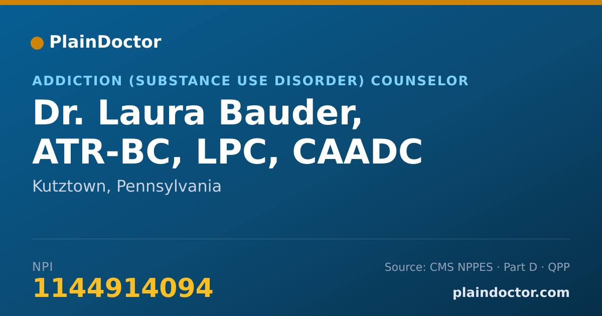 Shareable card for Laura Bauder, ATR-BC, LPC, CAADC - Addiction (Substance Use Disorder) Counselor, Kutztown, PA