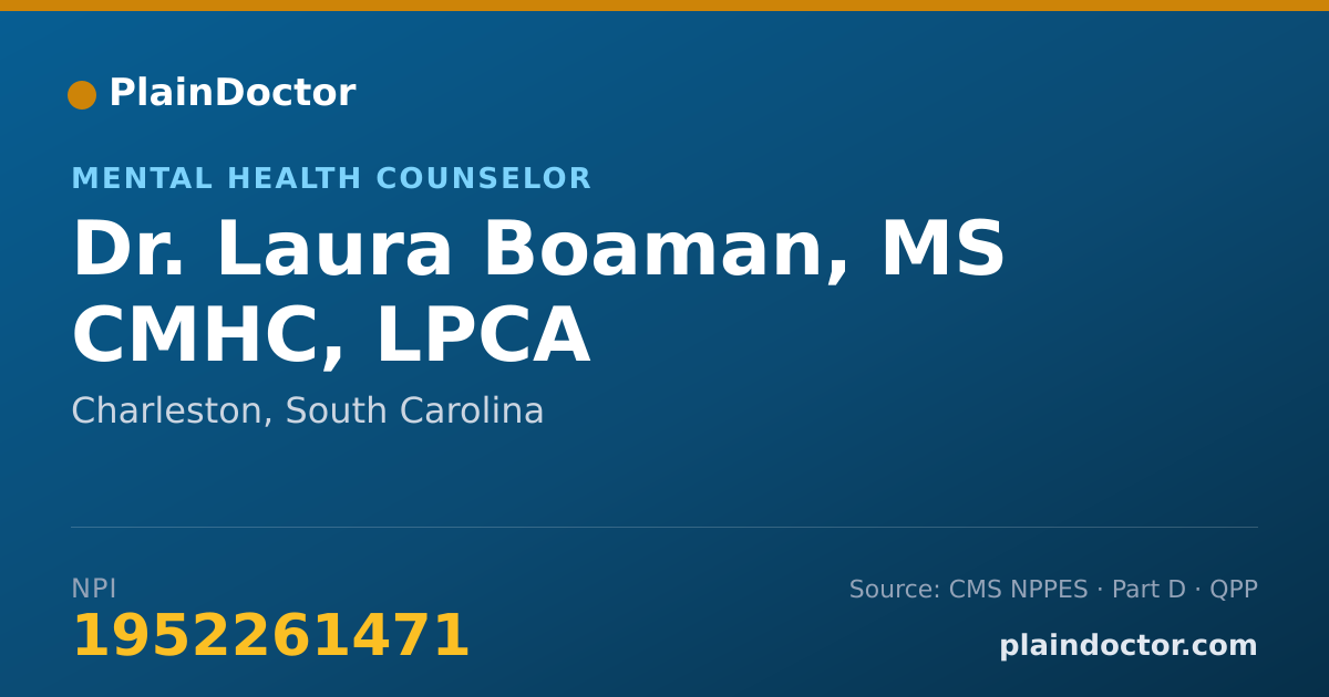 Shareable card for Laura Boaman, MS CMHC, LPCA - Mental Health Counselor, Charleston, SC