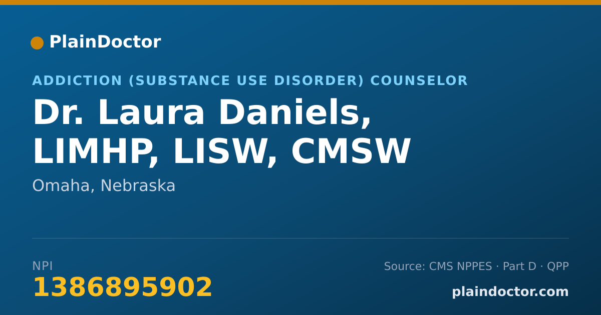 Shareable card for Laura Daniels, LIMHP, LISW, CMSW - Addiction (Substance Use Disorder) Counselor, Omaha, NE