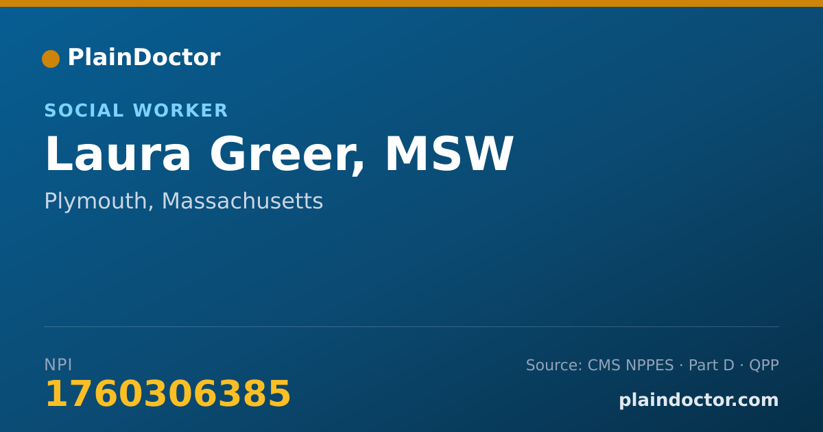 Shareable card for Laura Greer, MSW - Social Worker, Plymouth, MA