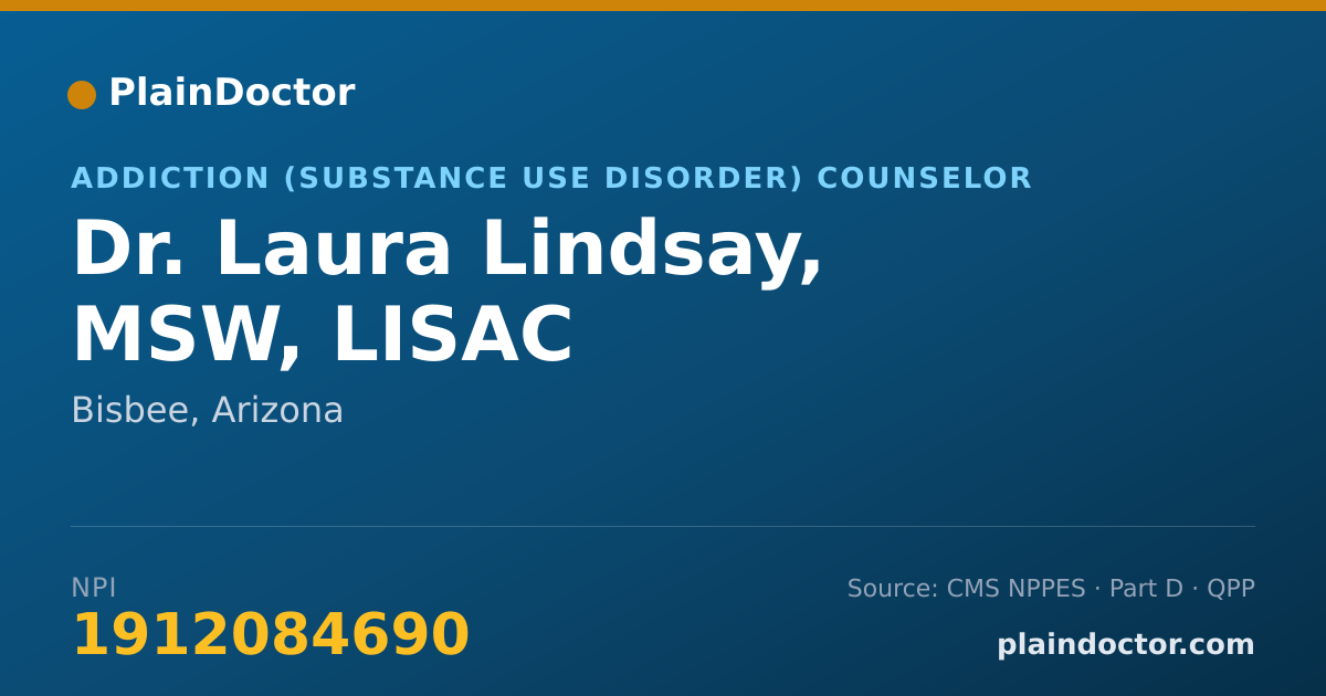 Shareable card for Laura Lindsay, MSW,  LISAC - Addiction (Substance Use Disorder) Counselor, Bisbee, AZ