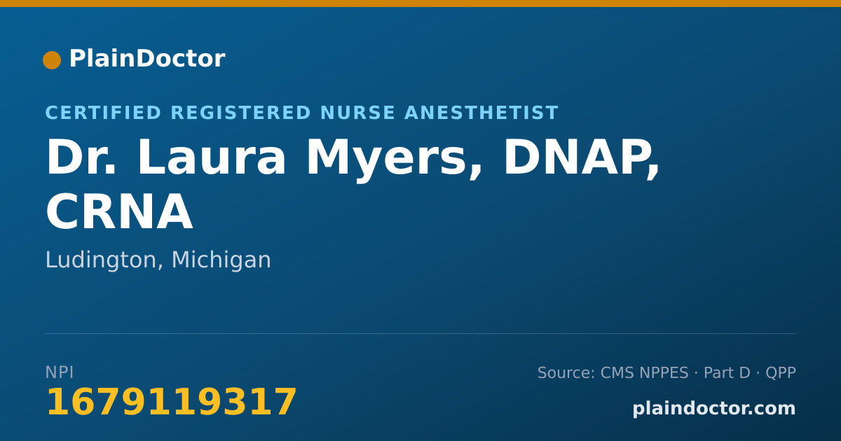 Shareable card for Laura Myers, DNAP, CRNA - Certified Registered Nurse Anesthetist, Ludington, MI