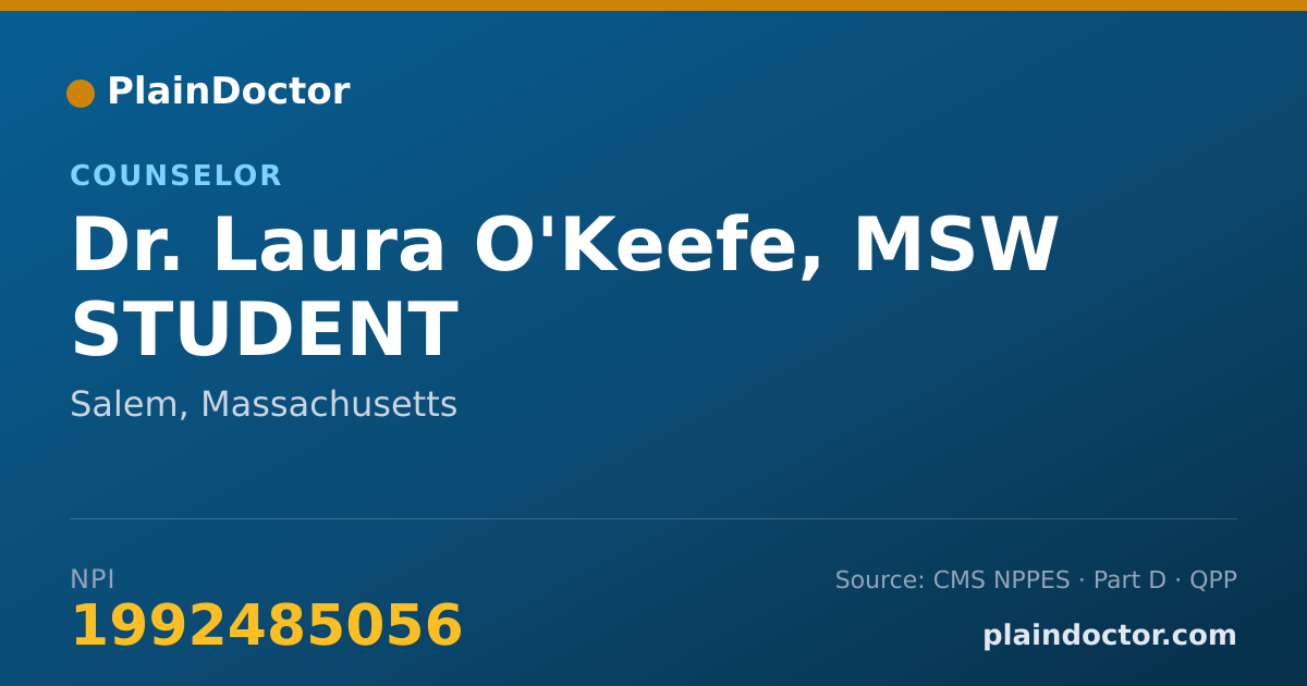 Shareable card for Laura O'Keefe, MSW STUDENT - Counselor, Salem, MA