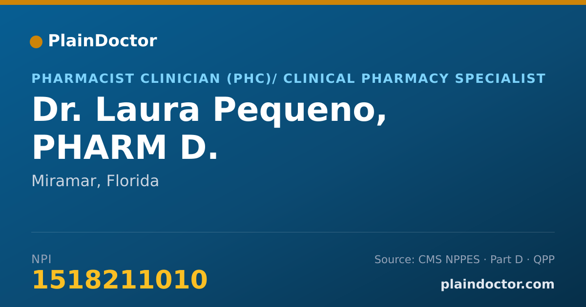 Shareable card for Laura Pequeno, PHARM D. - Pharmacist Clinician (PhC)/ Clinical Pharmacy Specialist, Miramar, FL