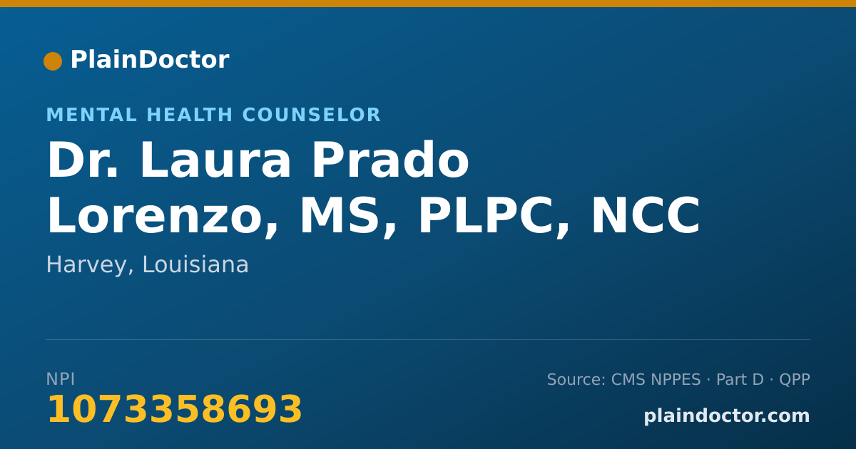 Shareable card for Laura Prado Lorenzo, MS, PLPC, NCC - Mental Health Counselor, Harvey, LA