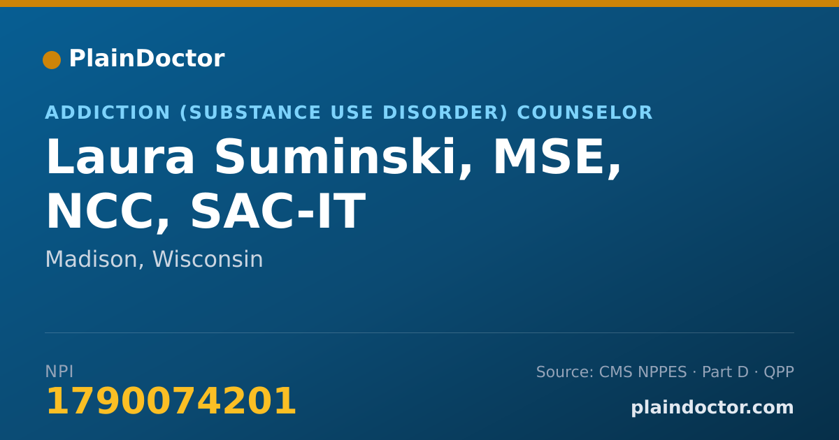 Shareable card for Laura Suminski, MSE, NCC, SAC-IT - Addiction (Substance Use Disorder) Counselor, Madison, WI