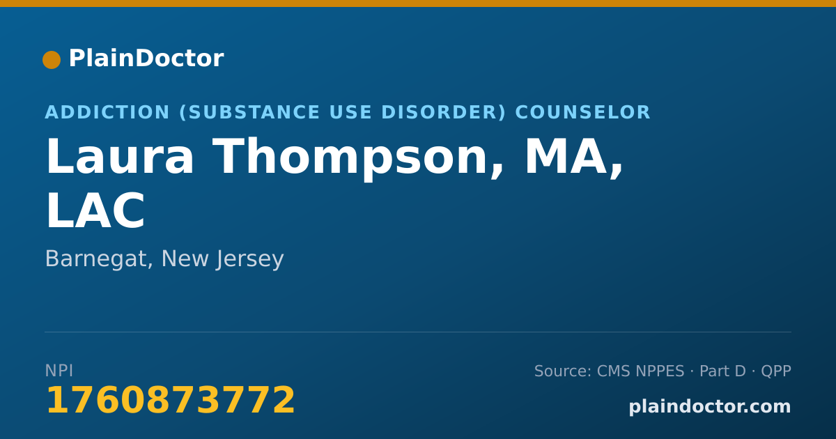 Shareable card for Laura Thompson, MA, LAC - Addiction (Substance Use Disorder) Counselor, Barnegat, NJ