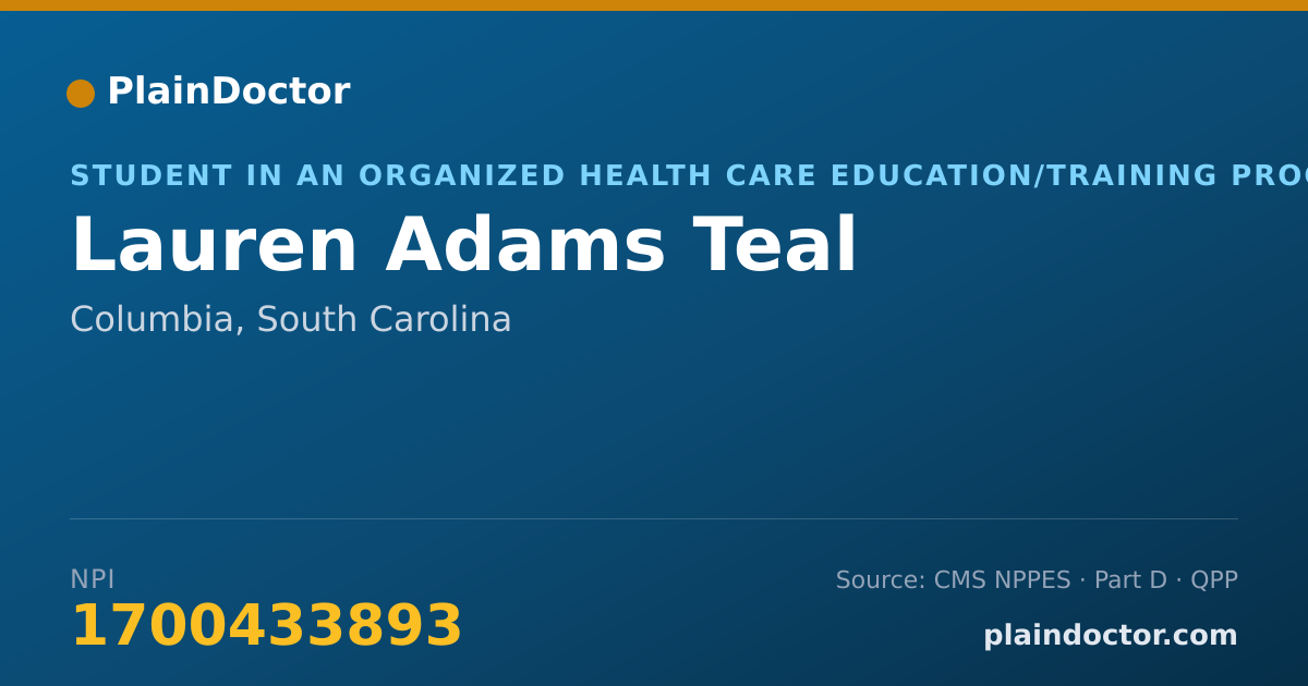 Shareable card for Lauren Adams Teal - Student in an Organized Health Care Education/Training Program, Columbia, SC