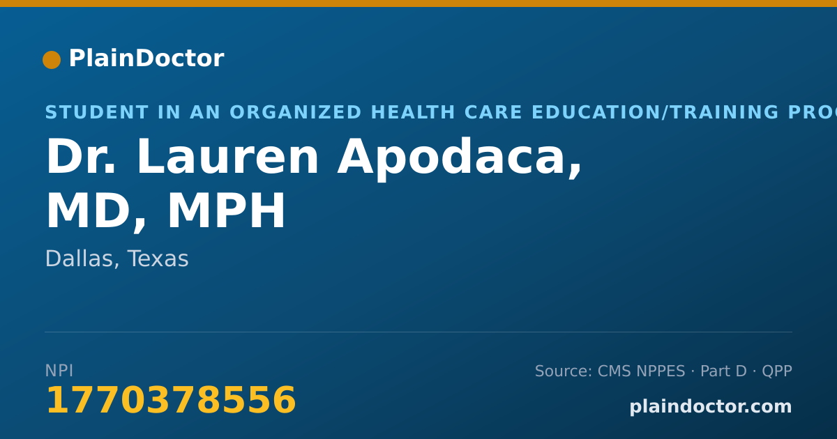 Shareable card for Lauren Apodaca, MD, MPH - Student in an Organized Health Care Education/Training Program, Dallas, TX