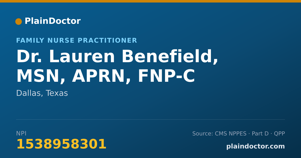 Shareable card for Lauren Benefield, MSN, APRN, FNP-C - Family Nurse Practitioner, Dallas, TX