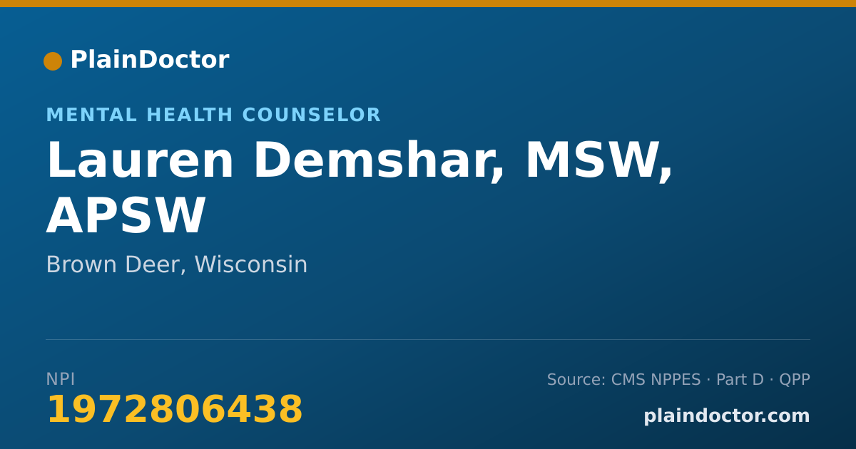Shareable card for Lauren Demshar, MSW, APSW - Mental Health Counselor, Brown Deer, WI