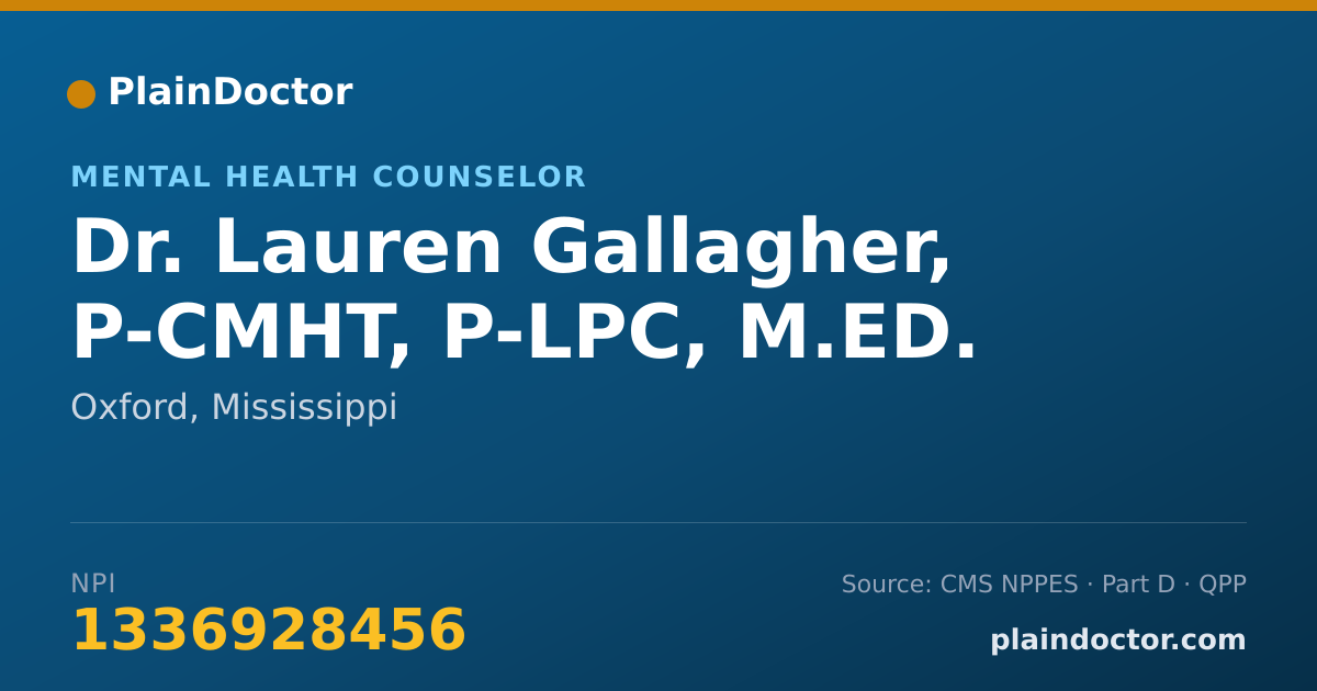 Shareable card for Lauren Gallagher, P-CMHT, P-LPC, M.ED. - Mental Health Counselor, Oxford, MS