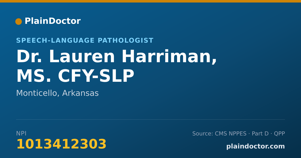 Shareable card for Lauren Harriman, MS. CFY-SLP - Speech-Language Pathologist, Monticello, AR