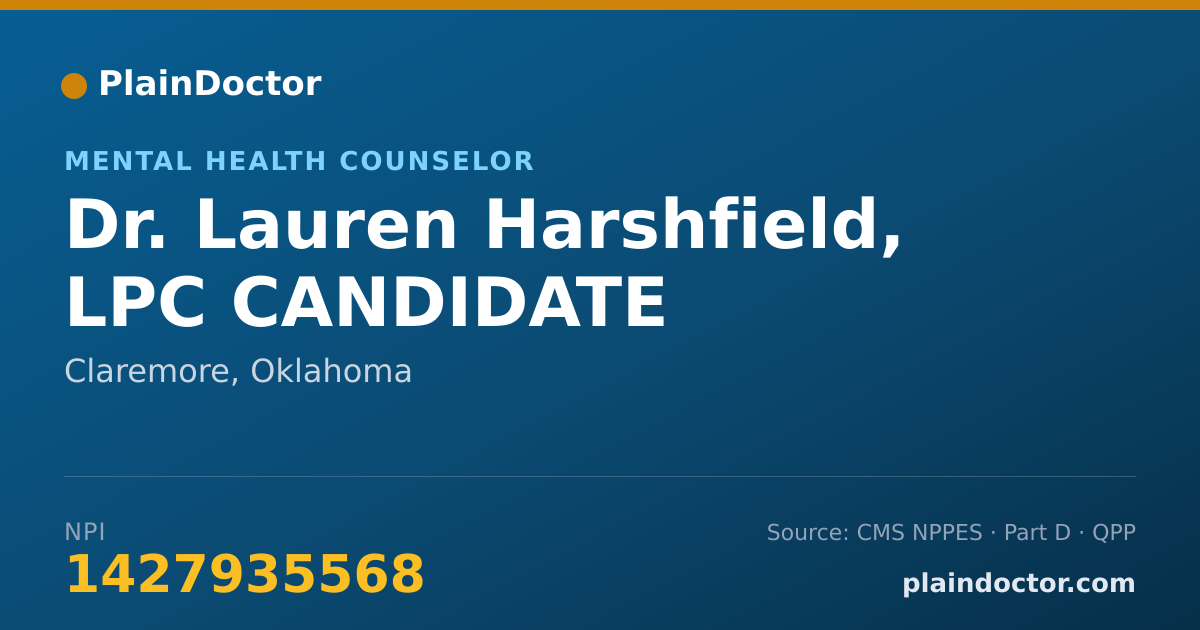 Shareable card for Lauren Harshfield, LPC CANDIDATE - Mental Health Counselor, Claremore, OK