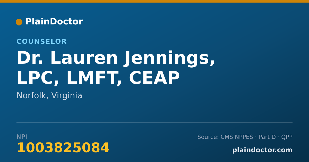 Shareable card for Lauren Jennings, LPC, LMFT, CEAP - Counselor, Norfolk, VA