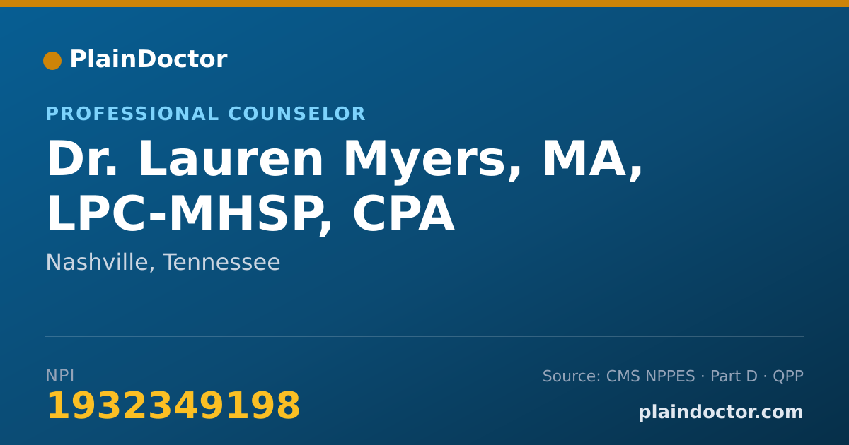 Shareable card for Lauren Myers, MA, LPC-MHSP, CPA - Professional Counselor, Nashville, TN