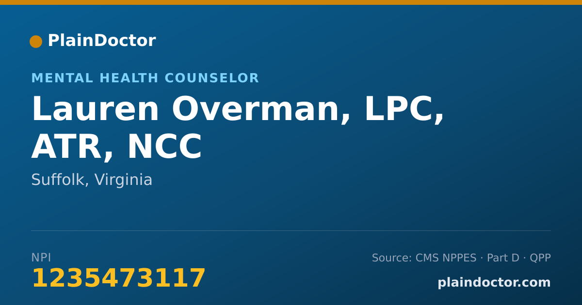 Shareable card for Lauren Overman, LPC, ATR, NCC - Mental Health Counselor, Suffolk, VA