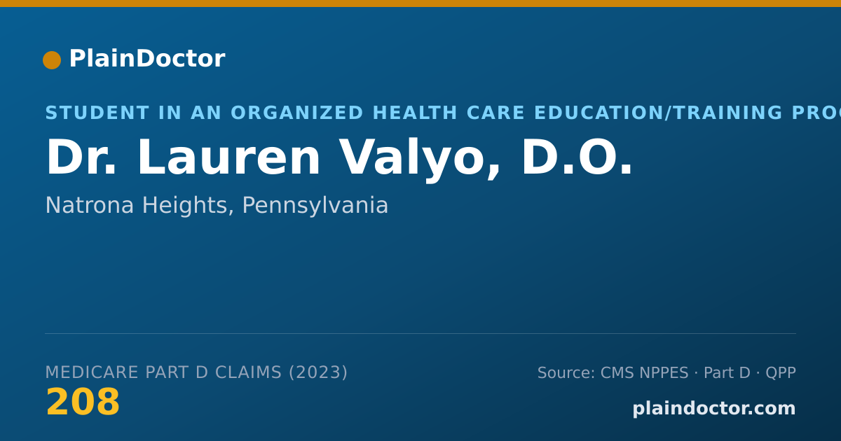Shareable card for Lauren Valyo, D.O. - Student in an Organized Health Care Education/Training Program, Natrona Heights, PA