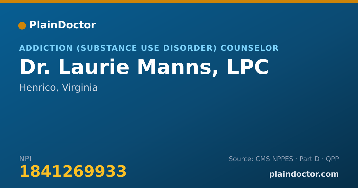 Shareable card for Laurie Manns, LPC - Addiction (Substance Use Disorder) Counselor, Henrico, VA