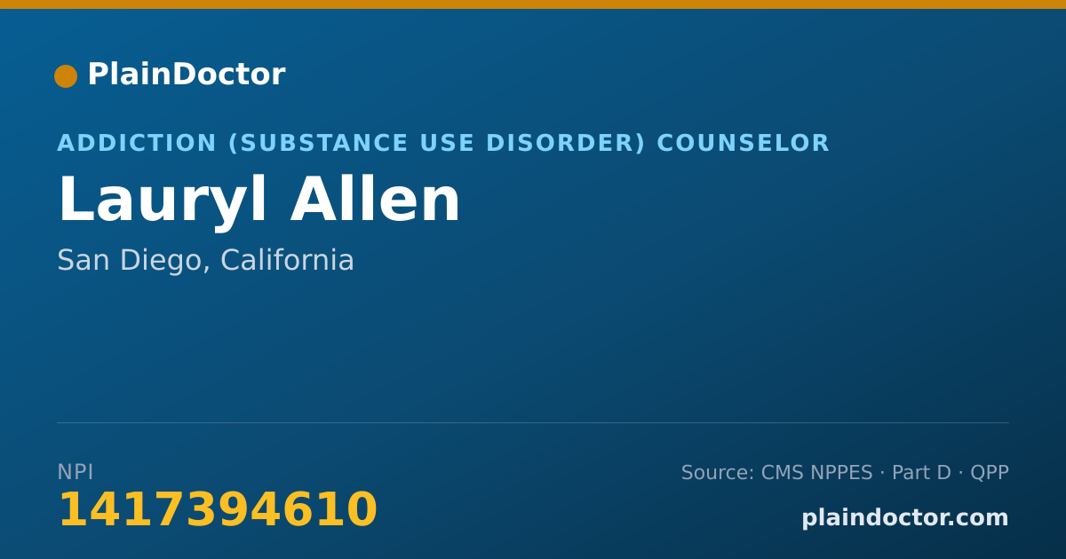 Shareable card for Lauryl Allen - Addiction (Substance Use Disorder) Counselor, San Diego, CA