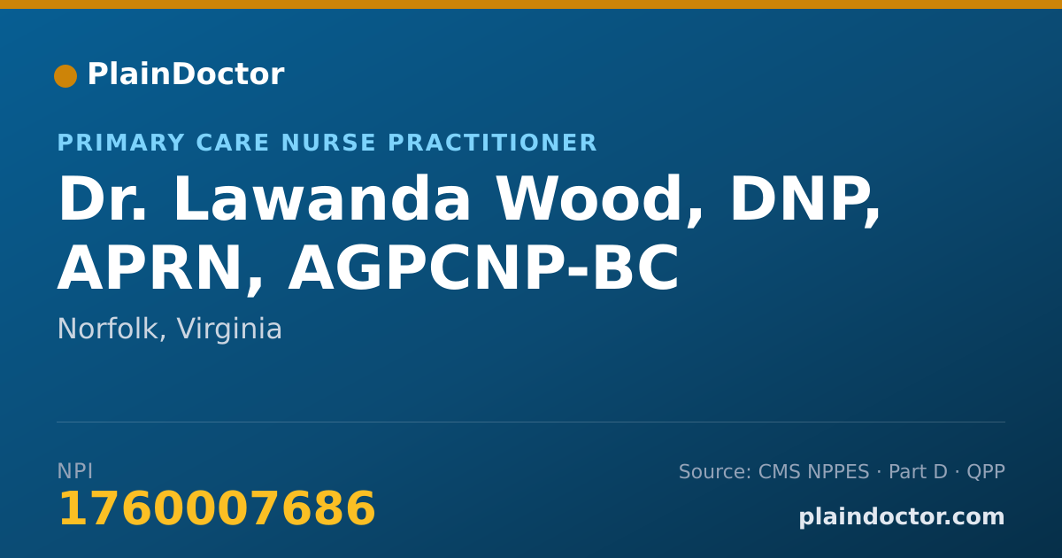Shareable card for Lawanda Wood, DNP, APRN, AGPCNP-BC - Primary Care Nurse Practitioner, Norfolk, VA