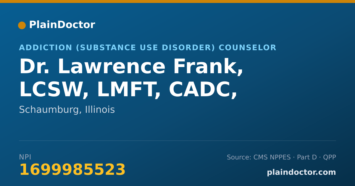 Shareable card for Lawrence Frank, LCSW, LMFT, CADC, - Addiction (Substance Use Disorder) Counselor, Schaumburg, IL