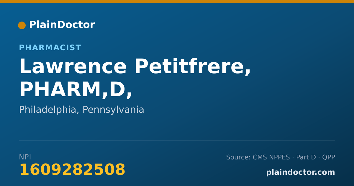 Shareable card for Lawrence Petitfrere, PHARM,D, - Pharmacist, Philadelphia, PA