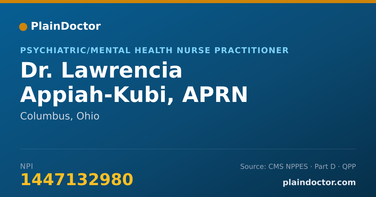 Shareable card for Lawrencia Appiah-Kubi, APRN - Psychiatric/Mental Health Nurse Practitioner, Columbus, OH