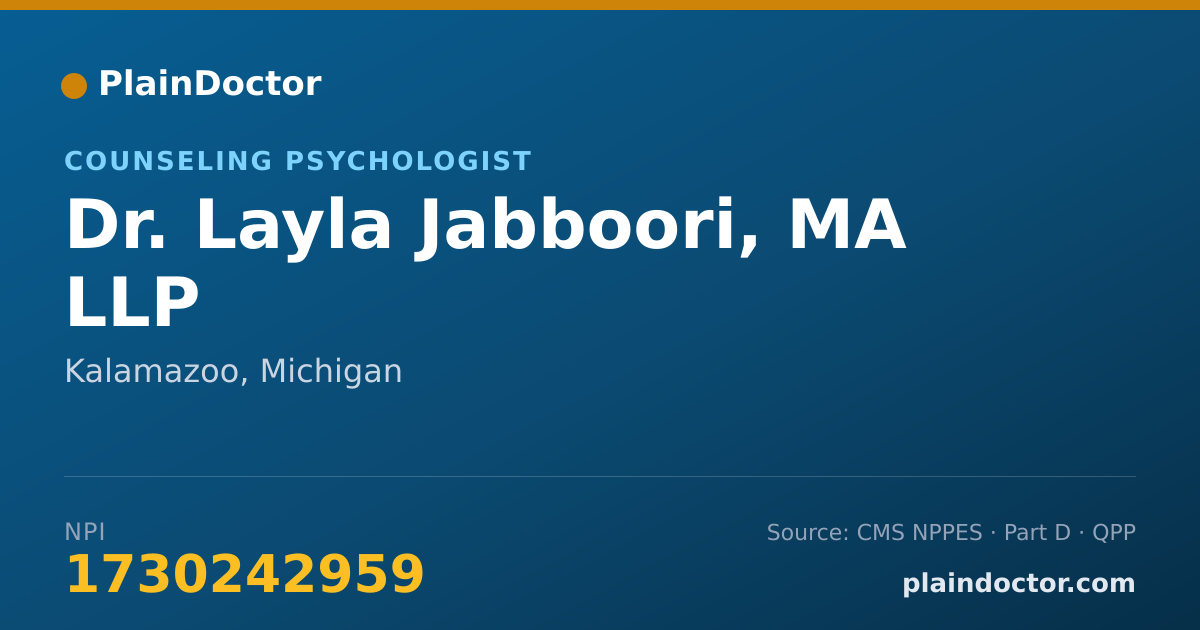 Shareable card for Layla Jabboori, MA LLP - Counseling Psychologist, Kalamazoo, MI