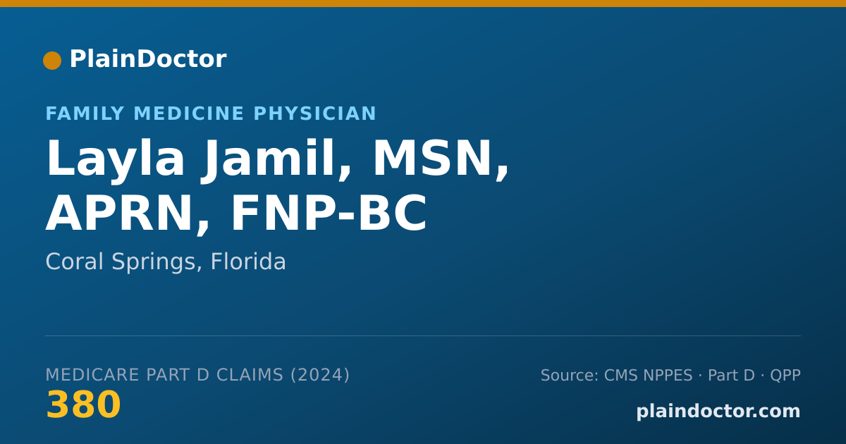 Shareable card for Layla Jamil, MSN, APRN, FNP-BC - Family Medicine Physician, Coral Springs, FL