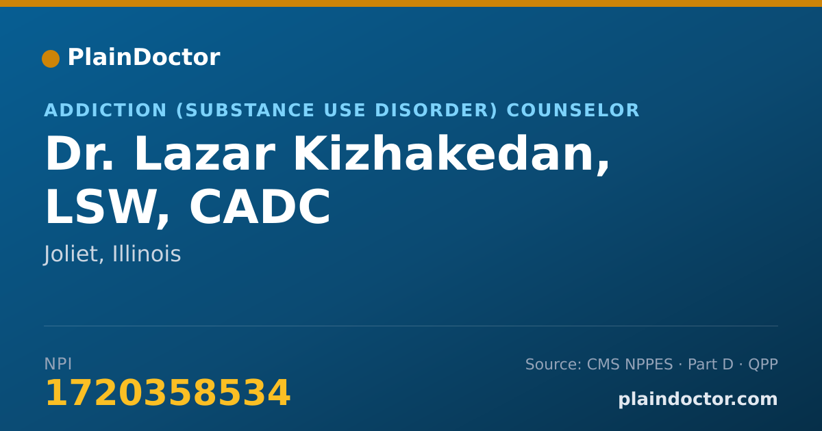 Shareable card for Lazar Kizhakedan, LSW, CADC - Addiction (Substance Use Disorder) Counselor, Joliet, IL