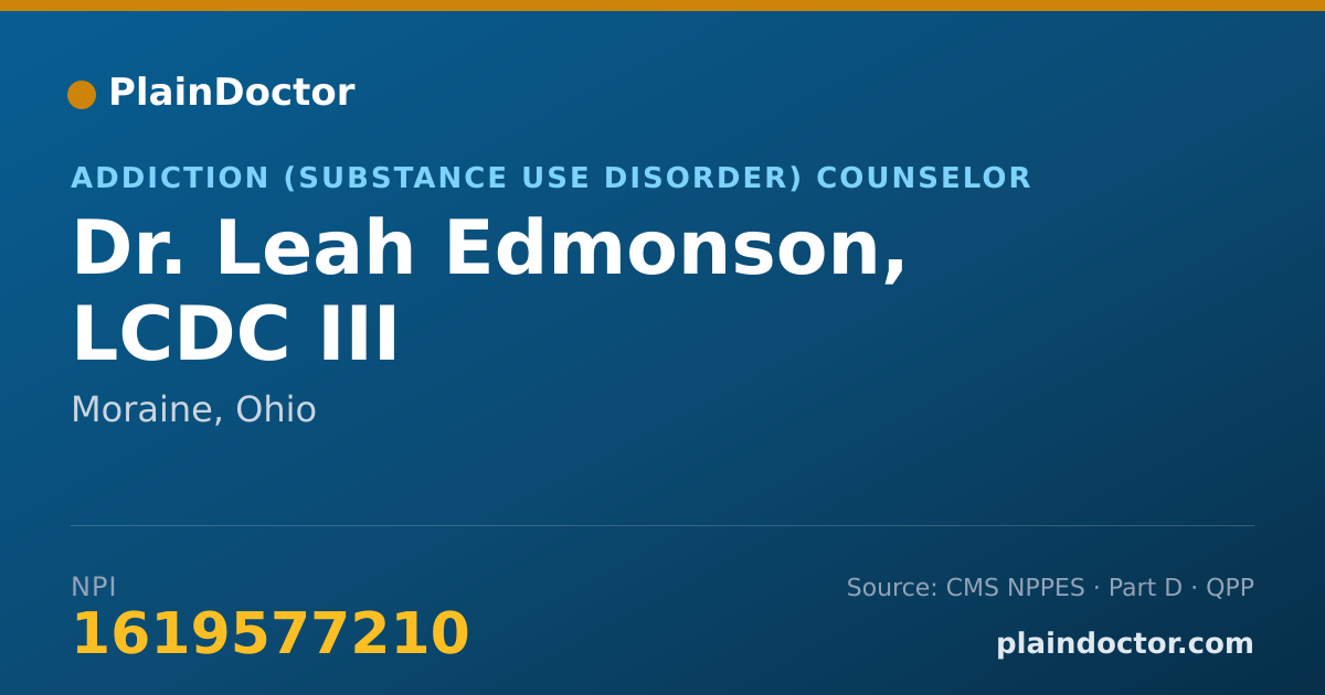 Shareable card for Leah Edmonson, LCDC III - Addiction (Substance Use Disorder) Counselor, Moraine, OH
