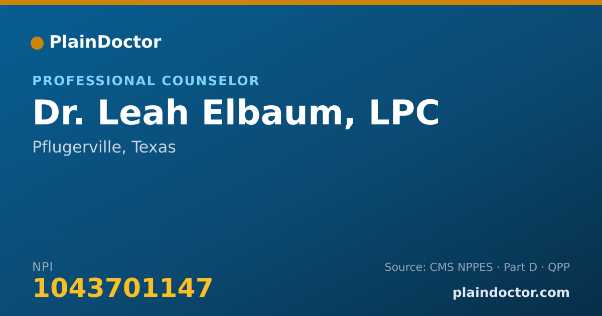 Shareable card for Leah Elbaum, LPC - Professional Counselor, Pflugerville, TX