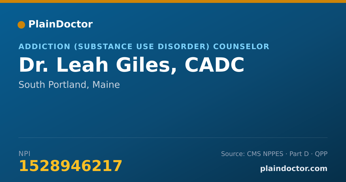Shareable card for Leah Giles, CADC - Addiction (Substance Use Disorder) Counselor, South Portland, ME