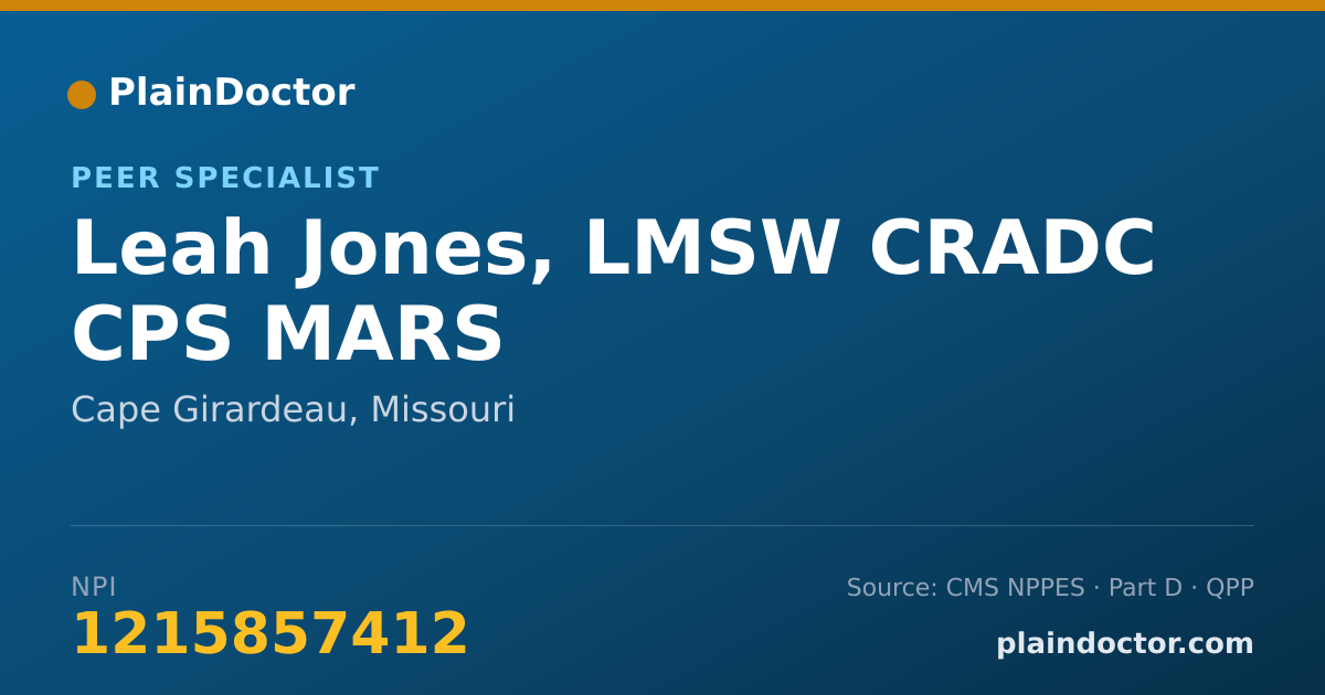 Shareable card for Leah Jones, LMSW CRADC CPS MARS - Peer Specialist, Cape Girardeau, MO