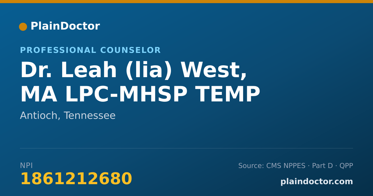Shareable card for Leah (lia) West, MA LPC-MHSP TEMP - Professional Counselor, Antioch, TN