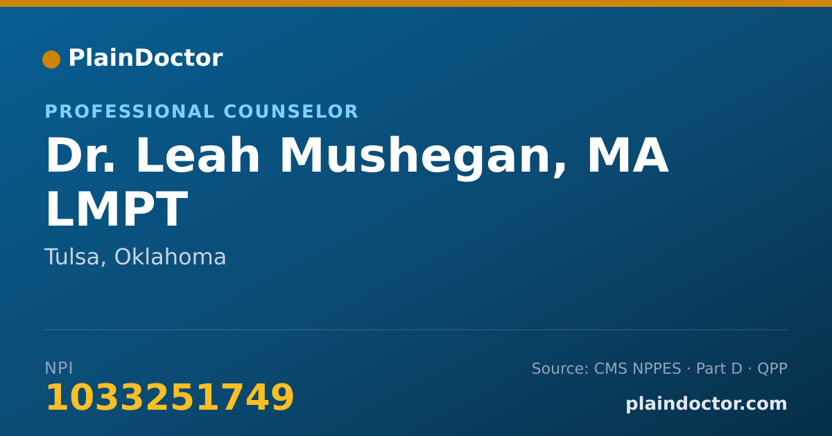 Shareable card for Leah Mushegan, MA LMPT - Professional Counselor, Tulsa, OK