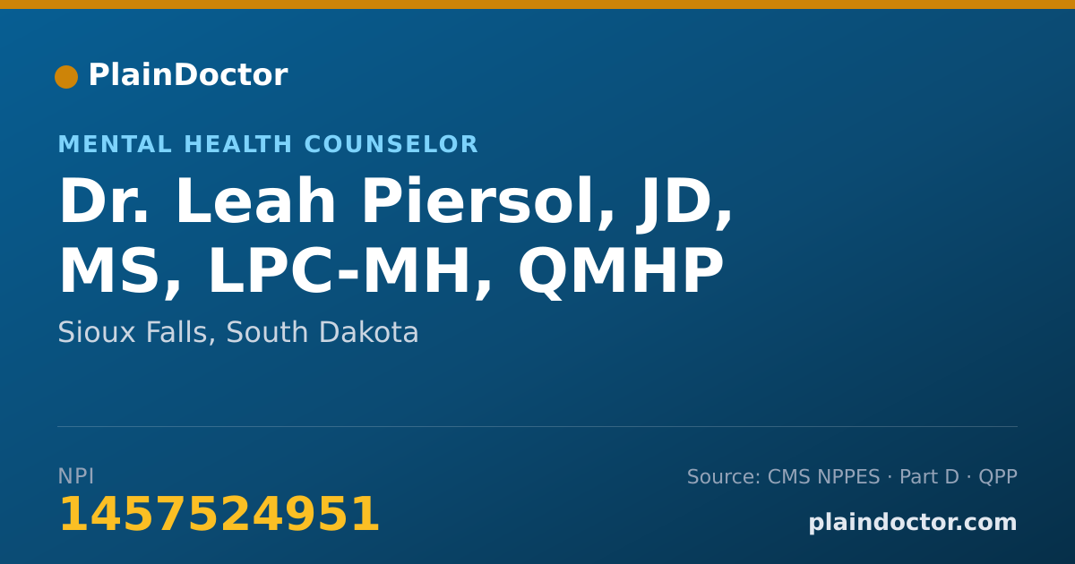 Shareable card for Leah Piersol, JD, MS, LPC-MH, QMHP - Mental Health Counselor, Sioux Falls, SD