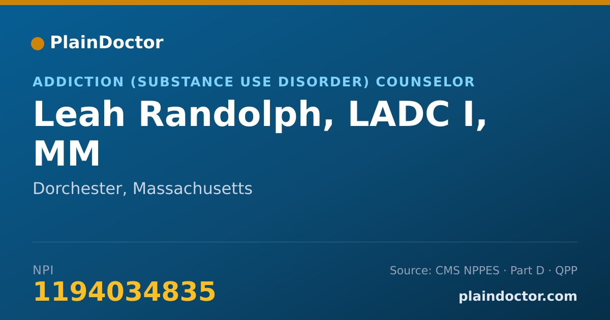 Shareable card for Leah Randolph, LADC I, MM - Addiction (Substance Use Disorder) Counselor, Dorchester, MA