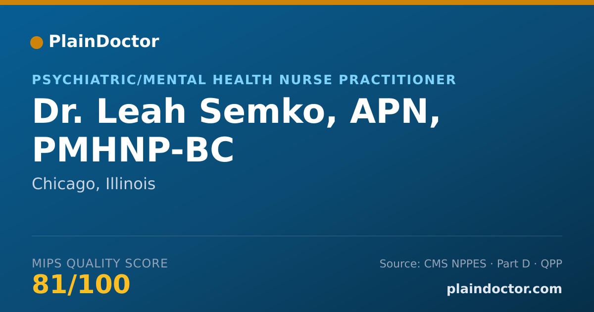 Shareable card for Leah Semko, APN, PMHNP-BC - Psychiatric/Mental Health Nurse Practitioner, Chicago, IL